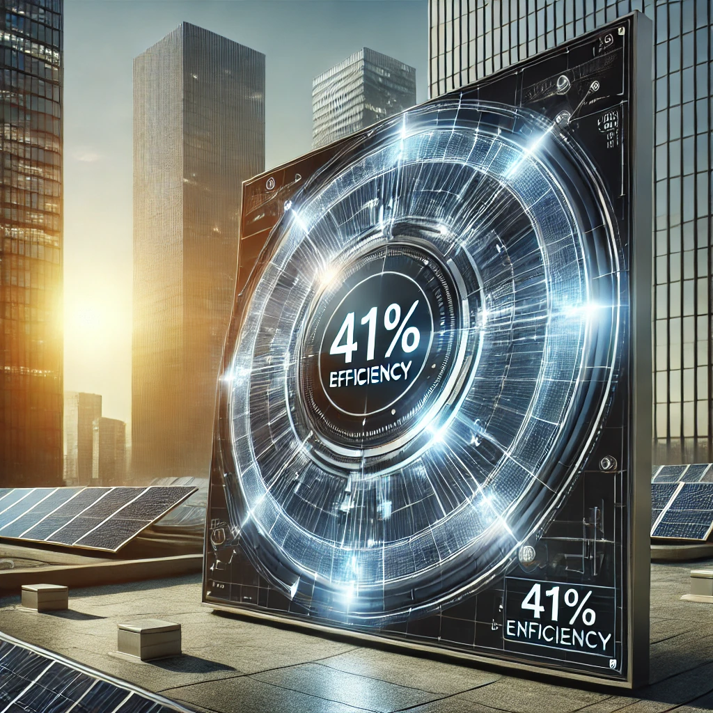 Das Bild zeigt eine hochmoderne Solaranlage, die auf dem Dach eines zeitgenössischen Gebäudes installiert ist. Die Solarpaneele haben ein futuristisches Design und bestehen aus mehreren Schichten, die die fortschrittliche Technologie und den beeindruckenden Wirkungsgrad von 41 % verdeutlichen. Das Gebäude befindet sich in einer urbanen Umgebung, umgeben von anderen Gebäuden, die ebenfalls mit Solarpaneelen ausgestattet sind. Die Szene ist von strahlendem Sonnenlicht erhellt, der Himmel ist klar und blau, was einen sonnigen Tag widerspiegelt. Das Bild vermittelt ein Gefühl von Innovation, Nachhaltigkeit und technologischem Fortschritt.