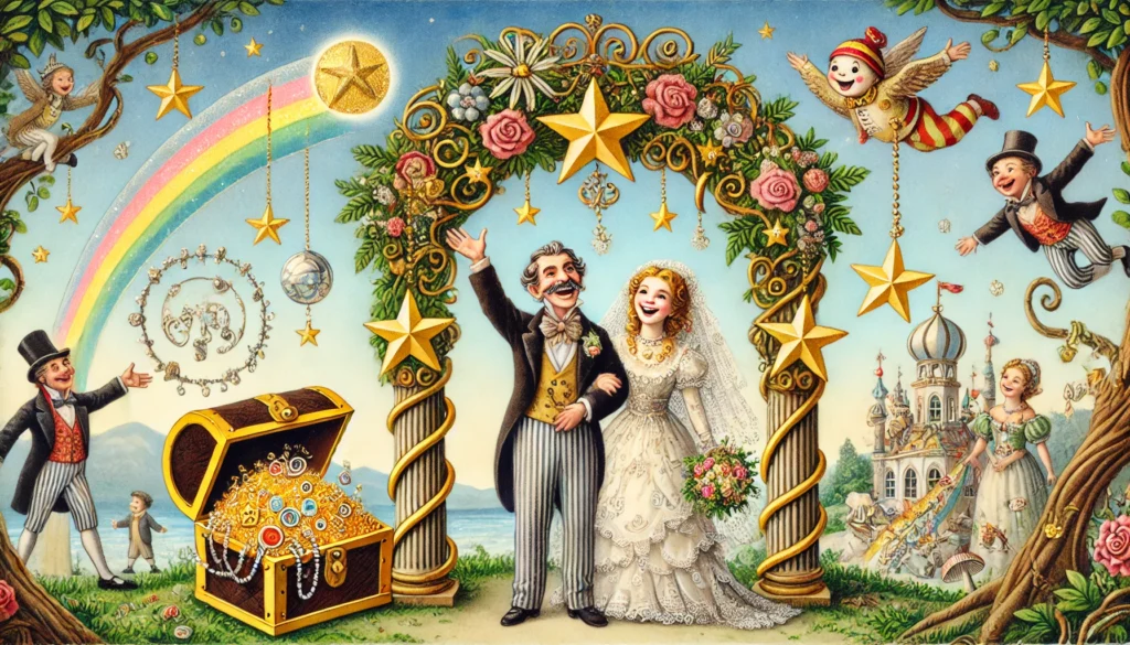 Das Bild fängt eine fröhliche und verspielte Hochzeitsszene ein, inspiriert von den Gedichten von Heinz Erhardt. Unter einem reich verzierten Hochzeitsbogen stehen die Braut und der Bräutigam, beide strahlend vor Freude und in herzliches Lachen vertieft. Die gesamte Szene ist in lebendigen, einladenden Farben gehalten, die eine fröhliche und feierliche Stimmung vermitteln.

Im Hintergrund funkeln spielerisch Sterne am Himmel, was an Erhardts Gedicht erinnert, in dem Versprechungen gemacht werden, die manchmal schwer zu halten sind. Ein Schatzkasten, der überquillt mit funkelnden Juwelen, steht ebenfalls im Hintergrund und symbolisiert die wertvollen "Juwelen der Schöpfung", ein Motiv aus einem anderen seiner Gedichte.

Die Atmosphäre ist heiter und humorvoll, genau wie die Gedichte von Heinz Erhardt, die oft mit einem Augenzwinkern die Realität des Lebens und der Liebe beleuchten. Diese visuelle Darstellung eines "Heinz Erhardt Gedicht Hochzeit"-Moments ist perfekt, um die Einzigartigkeit und Freude eines solchen besonderen Tages hervorzuheben, inspiriert von der charmanten und witzigen Poesie Erhardts.