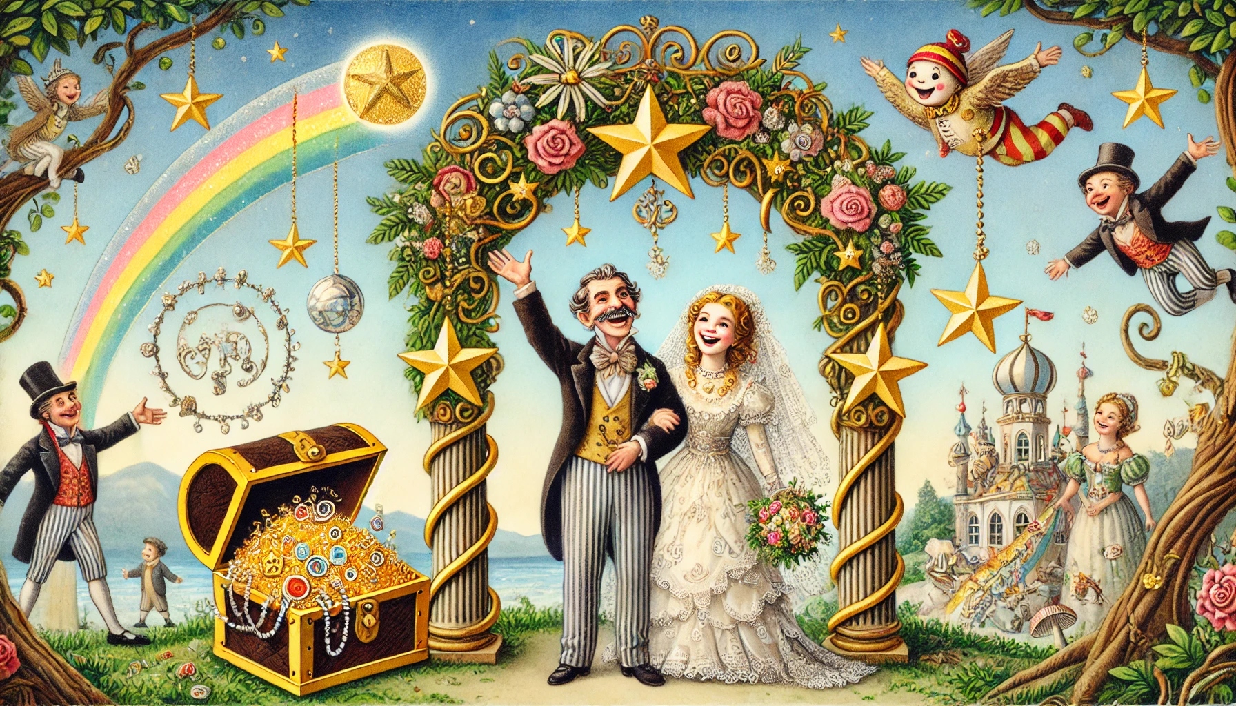 Das Bild fängt eine fröhliche und verspielte Hochzeitsszene ein, inspiriert von den Gedichten von Heinz Erhardt. Unter einem reich verzierten Hochzeitsbogen stehen die Braut und der Bräutigam, beide strahlend vor Freude und in herzliches Lachen vertieft. Die gesamte Szene ist in lebendigen, einladenden Farben gehalten, die eine fröhliche und feierliche Stimmung vermitteln. Im Hintergrund funkeln spielerisch Sterne am Himmel, was an Erhardts Gedicht erinnert, in dem Versprechungen gemacht werden, die manchmal schwer zu halten sind. Ein Schatzkasten, der überquillt mit funkelnden Juwelen, steht ebenfalls im Hintergrund und symbolisiert die wertvollen "Juwelen der Schöpfung", ein Motiv aus einem anderen seiner Gedichte. Die Atmosphäre ist heiter und humorvoll, genau wie die Gedichte von Heinz Erhardt, die oft mit einem Augenzwinkern die Realität des Lebens und der Liebe beleuchten. Diese visuelle Darstellung eines "Heinz Erhardt Gedicht Hochzeit"-Moments ist perfekt, um die Einzigartigkeit und Freude eines solchen besonderen Tages hervorzuheben, inspiriert von der charmanten und witzigen Poesie Erhardts.
