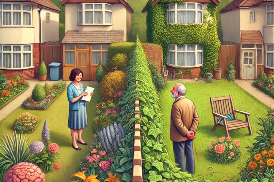 Das Bild zeigt eine friedliche Vorortsiedlung mit gepflegten Häusern und Gärten. Auf der linken Seite sieht man einen ordentlich angelegten Garten mit bunten Blumen und einem sauber getrimmten Rasen. Auf der rechten Seite ist ein Garten zu sehen, der von Unkraut überwuchert ist, darunter Löwenzahn und Efeu, das durch den Zaun in den gepflegten Garten wächst. In der Mitte stehen zwei Nachbarn, eine Frau und ein Mann, die freundlich am Zaun miteinander sprechen. Die Frau hält einen Brief in der Hand, und der Mann nickt verständnisvoll, während sie über das Unkraut vom Nachbarn sprechen.