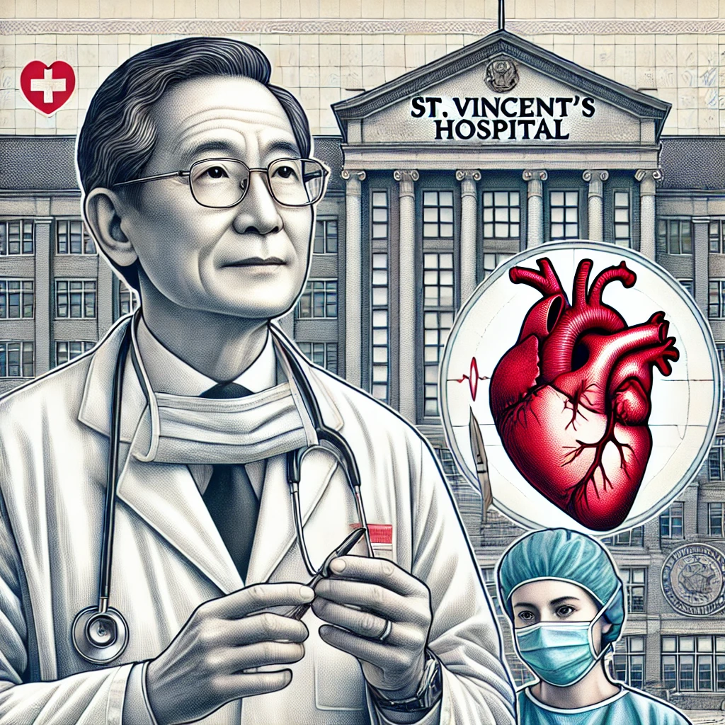 Das Bild zeigt eine detaillierte Illustration von Dr. Victor Chang in seiner chirurgischen Kleidung. Er steht vor dem St. Vincent's Hospital, das im Hintergrund mit einem gut sichtbaren Schild zu erkennen ist. Dr. Chang hält ein Stethoskop in der Hand und hat einen konzentrierten, aber mitfühlenden Ausdruck im Gesicht. Neben ihm ist ein Bild eines Herzens mit chirurgischen Werkzeugen dargestellt, das seine bedeutenden Beiträge zur Herzchirurgie symbolisiert. Im Hintergrund ist ein Banner oder eine Plakette zu sehen, auf der "Victor Chang Cardiac Research Institute" steht, um sein Vermächtnis und die ihm zu Ehren gegründete Forschungseinrichtung zu würdigen.