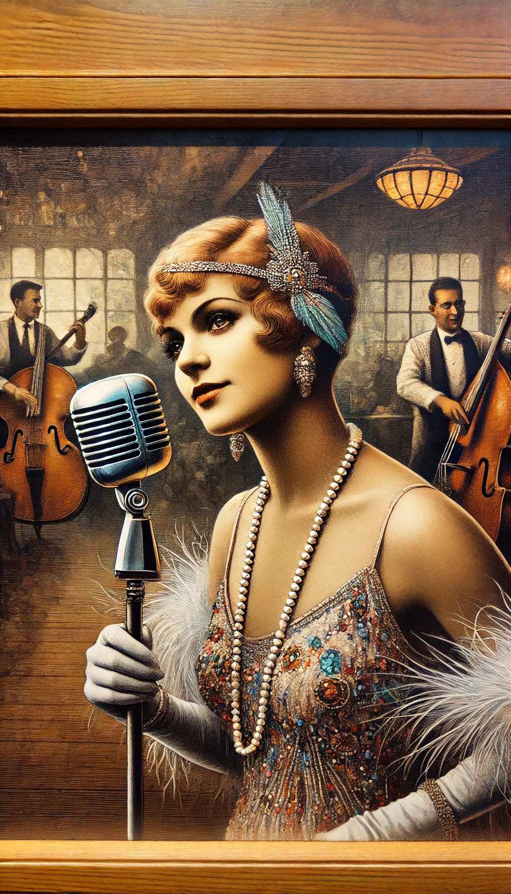Das Bild zeigt Adelaide Hall, die berühmte amerikanische Jazzsängerin, in den 1920er Jahren. Sie trägt ein elegantes Flapper-Kleid, das mit funkelnden Pailletten und Federn verziert ist. Adelaide hält ein Vintage-Mikrofon und steht auf der Bühne eines stimmungsvoll beleuchteten Jazzclubs. Im Hintergrund spielt eine Live-Band, die zur lebhaften Atmosphäre beiträgt. Die Gäste im Club genießen sichtlich die Musik und das Ambiente, was die Energie und den Glamour des Jazz-Zeitalters unterstreicht. Adelaide Hall strahlt mit ihrer charismatischen Präsenz und ihrem einzigartigen Stil, was die Essenz ihrer legendären Karriere einfängt.