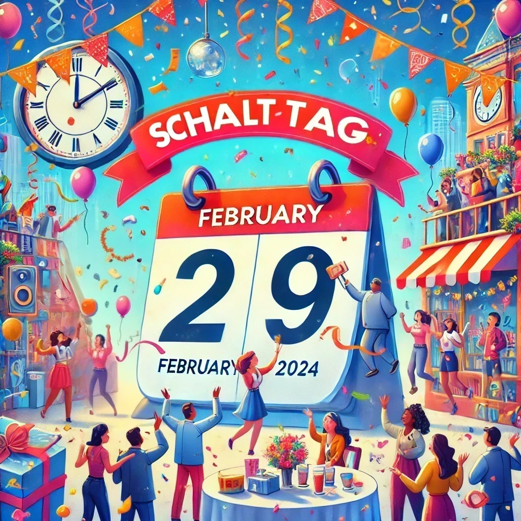 Das Bild zeigt eine festliche Szene zur Feier des Schalttages 2024, auch bekannt als Leap Day. Im Mittelpunkt steht ein bunter Kalender, der den 29. Februar markiert. Die Umgebung ist mit farbenfrohen Dekorationen wie Konfetti, Luftballons und Luftschlangen geschmückt. Im Hintergrund zeigt eine digitale Uhr die aktuelle Uhrzeit. Menschen sind fröhlich und feiern diesen seltenen Tag. Einige von ihnen halten Schilder hoch, auf denen deutlich "Schalttag" steht. Die Stimmung ist lebendig und voller Farben, was die besondere und seltene Natur des Schalttages 2024 betont.