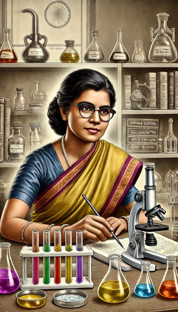 Das Bild zeigt Kamala Sohonie, eine indische Biochemikerin, in einem Labor. Sie trägt eine traditionelle indische Saree und eine Brille. Ihr Ausdruck ist konzentriert und selbstbewusst, während sie ein Experiment durchführt. Um sie herum befinden sich wissenschaftliche Geräte wie Reagenzgläser, Bechergläser und Mikroskope. Im Hintergrund sind Regale zu sehen, die mit wissenschaftlichen Büchern und Flaschen gefüllt sind. Das Bild fängt die Essenz ihres Pioniergeistes und ihrer Hingabe zur Wissenschaft ein.