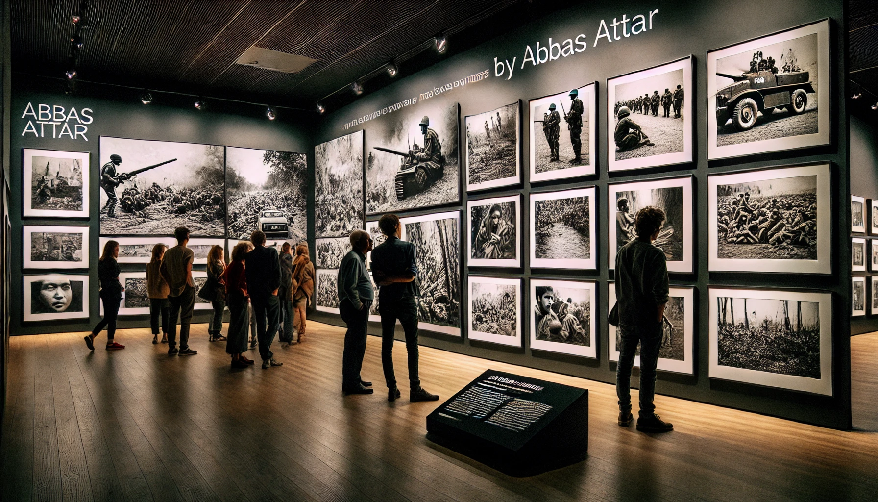 Das Bild zeigt einen Ausstellungsraum, der mit beeindruckenden Schwarz-Weiß-Fotografien von Abbas Attar geschmückt ist. Die Wände sind mit markanten Bildern aus Biafra, Vietnam und der Iranischen Revolution bedeckt. Besucher stehen vor den Fotografien und betrachten sie aufmerksam, tief in die kraftvollen Geschichten vertieft, die jedes Bild erzählt. Die Beleuchtung im Raum ist weich, aber konzentriert auf die Fotografien, wodurch deren dramatischer Effekt verstärkt wird. Am Eingang befindet sich eine Plakette, die Abbas Attars Beiträge zum Fotojournalismus würdigt. Die Atmosphäre im Raum ist nachdenklich, und die Besucher reflektieren still über die eindrucksvollen visuellen Darstellungen der menschlichen Erfahrung.