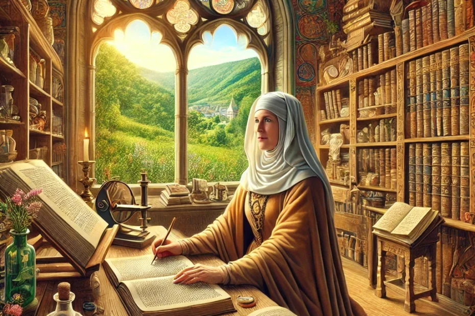 Das Bild zeigt Hildegard von Bingen in ihrer Studierstube, dargestellt als mittelalterliche Nonne mit einem friedlichen Ausdruck auf ihrem Gesicht. Sie sitzt an einem hölzernen Schreibtisch und ist vertieft in das Schreiben, umgeben von Manuskripten und Büchern. Das warme Licht, das den Raum durchflutet, betont ihre visionäre Aura und schafft eine ruhige, inspirierende Atmosphäre. Im Hintergrund sind Regale zu sehen, die mit Kräutern, wissenschaftlichen Werkzeugen und weiteren Büchern gefüllt sind, was Hildegards umfassendes Wissen in Naturkunde und Heilkunde widerspiegelt. Durch ein großes Fenster auf der linken Seite kann man die üppige Landschaft des Rheintals erkennen, was ihre tiefe Verbindung zur Natur symbolisiert. Elemente mittelalterlicher Architektur, wie steinerne Wände und gewölbte Decken, ergänzen das historische Ambiente. Insgesamt strahlt das Bild eine Atmosphäre von Weisheit, Frieden und Gelehrsamkeit aus.