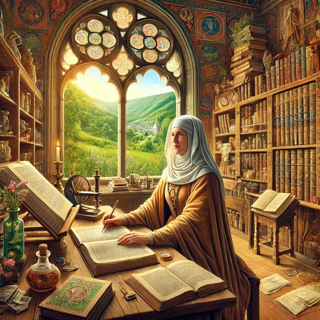 Das Bild zeigt Hildegard von Bingen in ihrer Studierstube, dargestellt als mittelalterliche Nonne mit einem friedlichen Ausdruck auf ihrem Gesicht. Sie sitzt an einem hölzernen Schreibtisch und ist vertieft in das Schreiben, umgeben von Manuskripten und Büchern. Das warme Licht, das den Raum durchflutet, betont ihre visionäre Aura und schafft eine ruhige, inspirierende Atmosphäre.

Im Hintergrund sind Regale zu sehen, die mit Kräutern, wissenschaftlichen Werkzeugen und weiteren Büchern gefüllt sind, was Hildegards umfassendes Wissen in Naturkunde und Heilkunde widerspiegelt. Durch ein großes Fenster auf der linken Seite kann man die üppige Landschaft des Rheintals erkennen, was ihre tiefe Verbindung zur Natur symbolisiert. Elemente mittelalterlicher Architektur, wie steinerne Wände und gewölbte Decken, ergänzen das historische Ambiente. Insgesamt strahlt das Bild eine Atmosphäre von Weisheit, Frieden und Gelehrsamkeit aus.