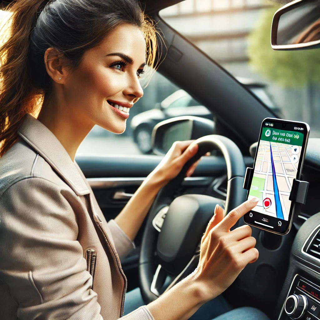 Das Bild zeigt eine attraktive Frau, die ein Auto fährt und einen Maps-Dienst auf ihrem Smartphone nutzt, das auf dem Armaturenbrett montiert ist. Die Maps-App zeigt eine Navigationsroute mit Abbiegehinweisen an. Die Frau lächelt und konzentriert sich auf die Straße vor ihr. Das Innere des Autos ist modern und gut beleuchtet, während Sonnenlicht durch die Fenster strömt und die Szene erhellt. Im Hintergrund ist durch die Fenster des Autos eine Stadtlandschaft zu sehen, die darauf hinweist, dass sie sich in einer urbanen Umgebung befindet.