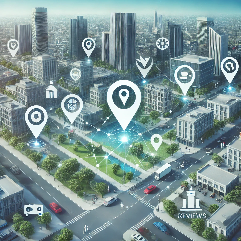 Das Bild zeigt eine lebendige Stadtlandschaft mit modernen Gebäuden, Straßen und Parks, die verschiedene Funktionen eines Maps-Dienstes darstellen. Über der Stadtansicht sind mehrere Symbole zu sehen, darunter ein GPS-Pin, eine Navigationsroute, Verkehrsaktualisierungen, Restaurants, Tankstellen, Bewertungen und 3D-Gebäudeansichten. Diese Icons verdeutlichen die vielfältigen Möglichkeiten, die ein moderner Maps-Dienst bietet. Die Stadt ist bei klarem Himmel dargestellt, mit einer Mischung aus moderner Architektur. Menschen sind zu Fuß unterwegs und Autos fahren auf den Straßen, was die Integration von Maps-Diensten in das tägliche urbane Leben betont.