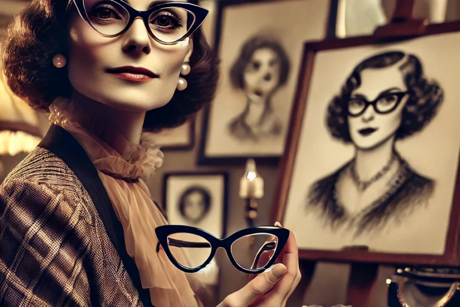Das Bild zeigt Altina Schinasi in einem eleganten und stilvollen 1930er-Jahre-Outfit. Sie hält ein Paar ihrer berühmten Harlequin-Brillen in der Hand, die durch ihre spitz zulaufenden Ecken bekannt sind. Der Hintergrund reflektiert ihre kreative und künstlerische Umgebung, mit Skizzen und Kunstwerken, die ihre innovativen Designs und künstlerischen Leistungen hervorheben. Die Umgebung ist elegant und betont Schinasis Pioniergeist und ihren Einfluss auf die Mode- und Kunstwelt.