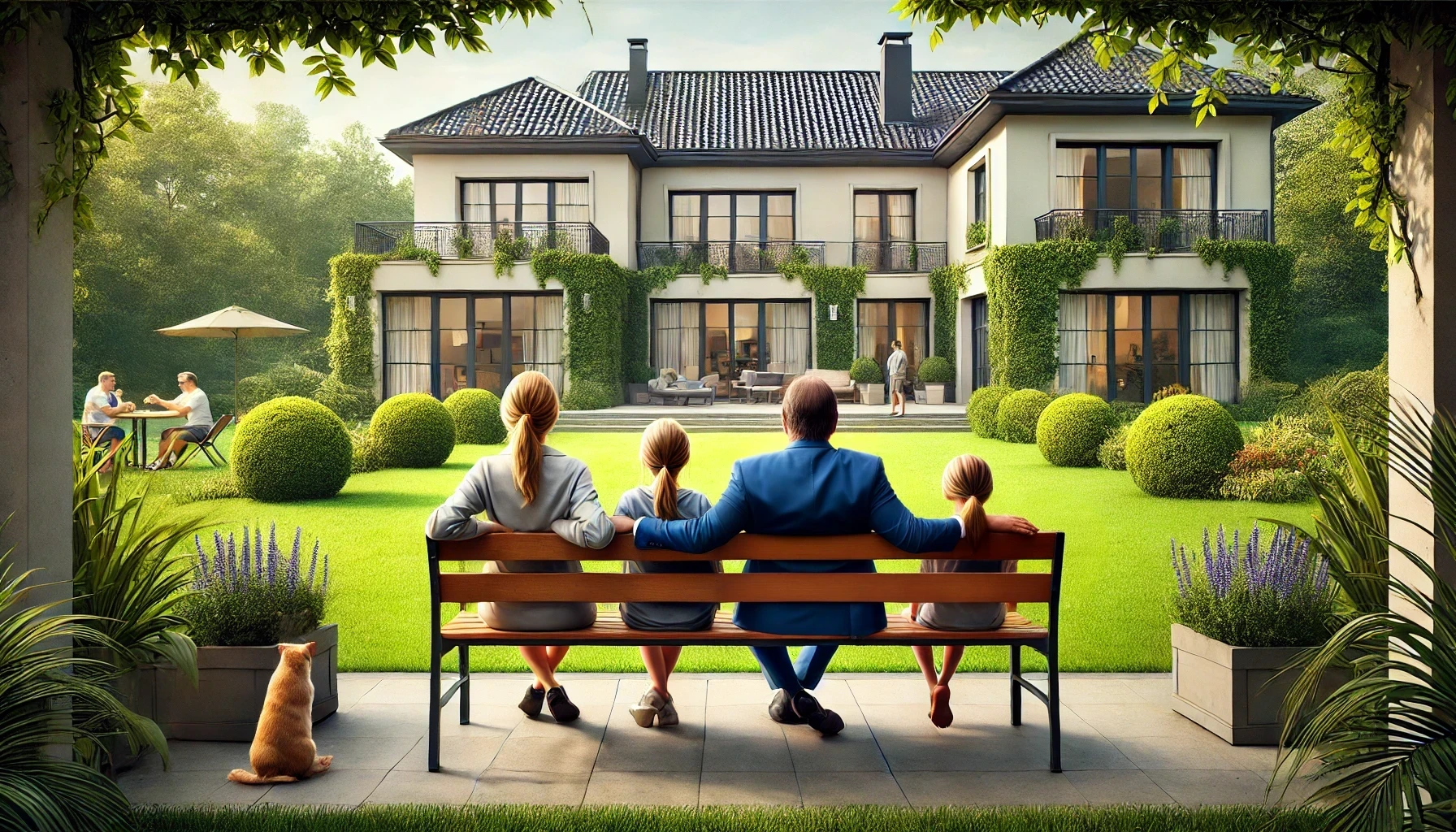Das Bild zeigt eine friedliche Familienszene im Garten einer luxuriösen Villa in Köln. Zu sehen sind Stefan Raab, seine Frau Nike Raab und ihre beiden Töchter von hinten. Stefan Raab, mit kräftigerer Statur, sitzt neben Nike auf einer Gartenbank, während die Töchter im grünen Garten spielen. Die prächtige Villa ist im Hintergrund teilweise sichtbar. Die Szene strahlt Ruhe und Zufriedenheit aus, symbolisiert die private und harmonische Seite des Lebens von Stefan und Nike Raab, fernab vom öffentlichen Rampenlicht.