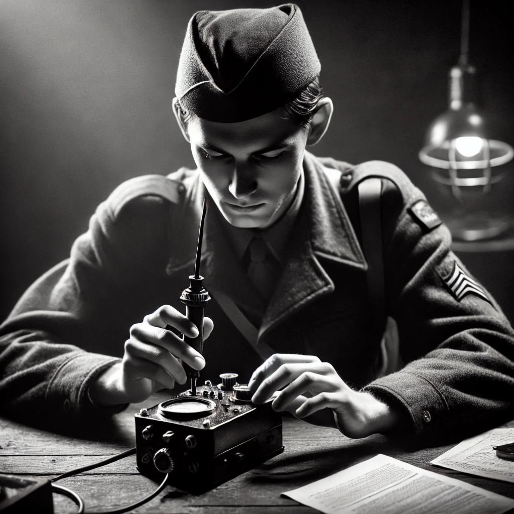Das Bild zeigt einen Soldaten in einer militärischen Uniform, der an einem Schreibtisch sitzt und einen kleinen Morsecode-Sender mit nur einem Knopf bedient und einen Morsecode sendet. Das Bild ist in Schwarz-Weiß gehalten und hat eine dunkle, minimalistisch beleuchtete Kulisse, die eine Kriegsatmosphäre erzeugt.

Der Soldat sitzt konzentriert an einem einfachen Holzschreibtisch. Der Morsecode-Sender ist klein und kompakt und besitzt lediglich einen einzelnen großen Knopf, den der Soldat mit seiner Hand drückt. Auf dem Schreibtisch liegen einige Papiere verstreut, und im Hintergrund ist eine alte Lampe zu sehen, die für zusätzliche Beleuchtung sorgt. Die Uniform des Soldaten hat keine sichtbaren Namensschilder oder Abzeichen, was die allgemeine militärische Stimmung des Bildes verstärkt.