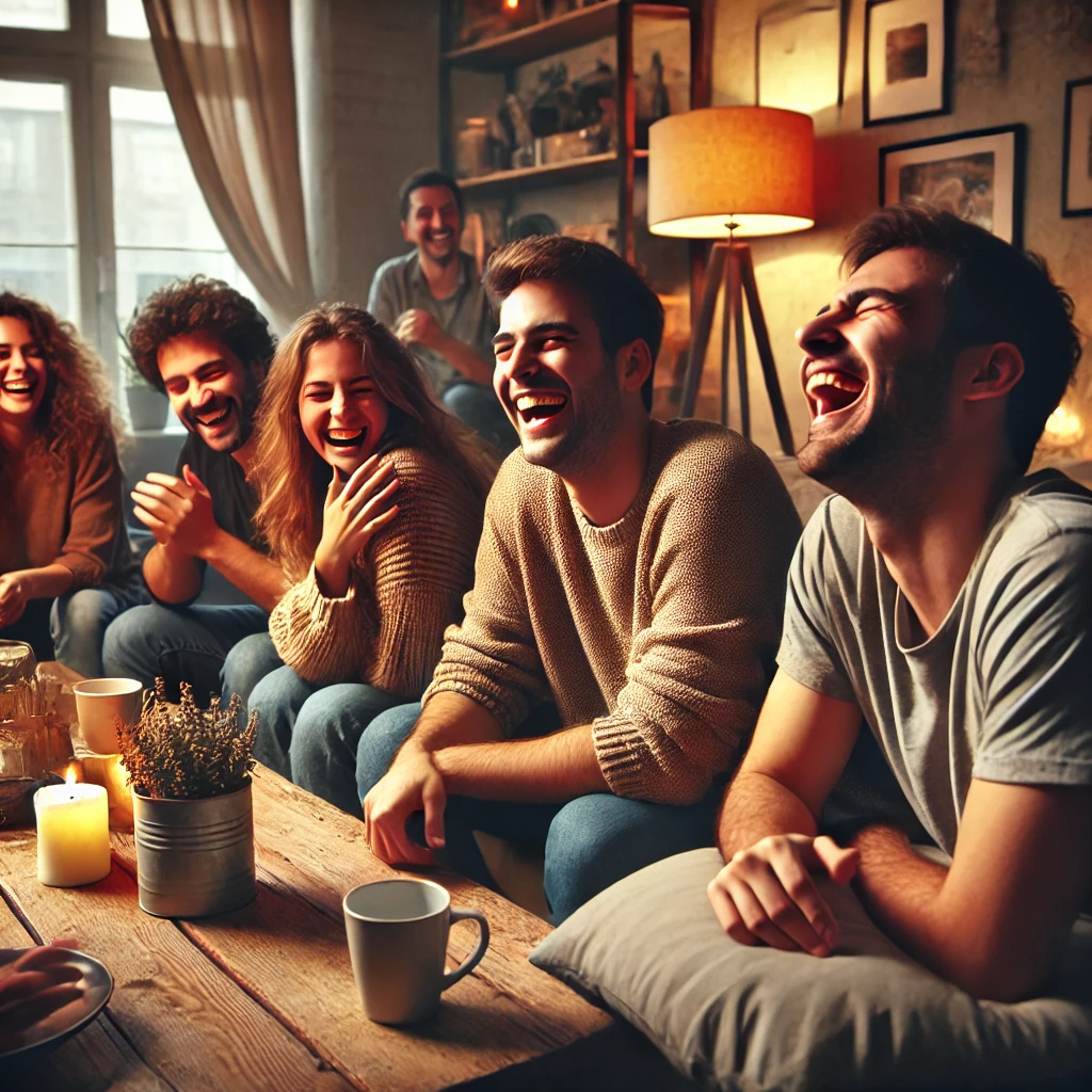 Das Bild zeigt eine Gruppe von Freunden, die in einem gemütlichen Wohnzimmer zusammengekommen sind und sich über schwarzer Humor Witze amüsieren. Die Szene ist warm und einladend, mit weicher Beleuchtung und komfortablen Möbeln. Ein Freund erzählt gerade einen Witz und gestikuliert lebhaft, während die anderen lachend und überrascht reagieren. Bücher und Fotos verleihen dem Raum eine persönliche Note, und die allgemeine Stimmung ist von Kameradschaft und Spaß geprägt. Das Bild fängt perfekt die Balance zwischen edgy Humor und freundschaftlicher Atmosphäre ein.