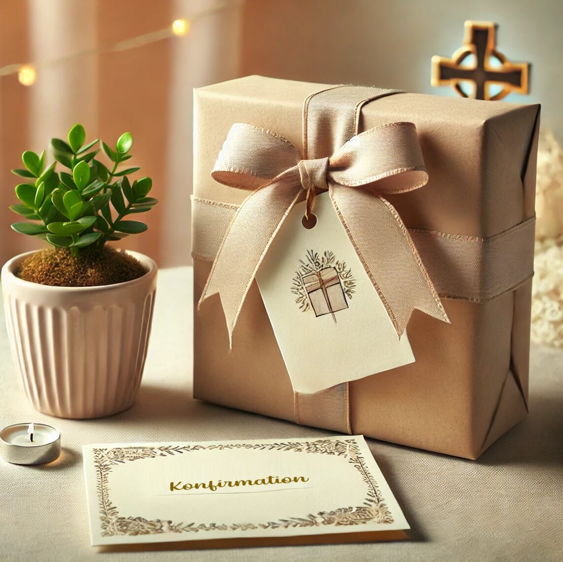 Auf dem Bild ist ein elegant verpacktes Geschenk eines Nachbarn zu sehen, das für eine Konfirmation geeignet ist. Das Geschenk ist in neutralem, beige-goldenem Papier eingewickelt und mit einem breiten, gleichfarbigen Band verziert, das zu einer Schleife gebunden ist. Auf dem Geschenk hängt eine kleine Karte mit einem schlichten, aber stilvollen Motiv, das einen umrahmten Geschenkkarton zeigt. Neben dem Geschenk steht ein kleiner Topf mit einer grünen Pflanze, die frisch und lebendig wirkt. Vor dem Geschenk liegt eine Grußkarte auf dem Tisch, auf der in goldener Schrift das Wort "Konfirmation" steht. Im Hintergrund ist ein unscharf abgebildetes Kreuz zu erkennen, das die religiöse Bedeutung des Anlasses unterstreicht. Die warmen Lichtverhältnisse und die sanfte Beleuchtung schaffen eine angenehme, festliche Atmosphäre, die das Bild harmonisch abrundet.