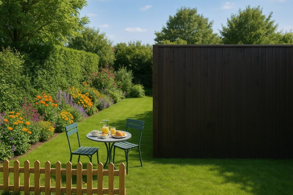 Das Bild zeigt zwei angrenzende Gärten: Der eine ist offen gestaltet mit niedrigem Holzzaun und Blumenbeeten, der andere ist von einem hohen, blickdichten Sichtschutzzaun aus Holz umgeben. Während die Bewohner auf der einen Seite entspannt im Garten frühstücken, wirkt der andere Garten abgeschirmt und privat. Das Bild symbolisiert das Thema blickdichter Zaun zum Nachbar – den Wunsch nach Privatsphäre und die mögliche Spannung zwischen Offenheit und Abgrenzung.