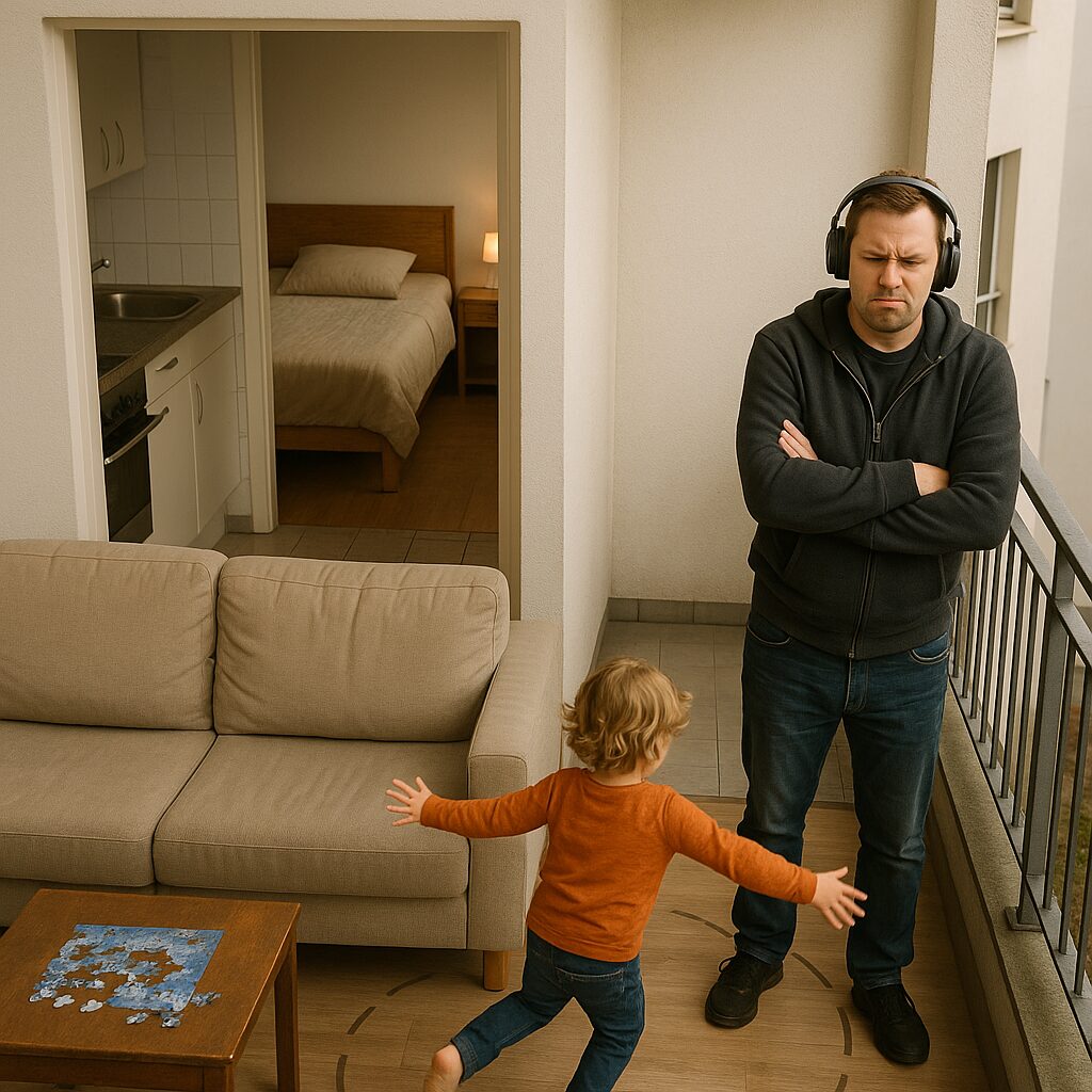 Das Bild zeigt den Grundriss einer typischen Etagenwohnung in einem Mehrfamilienhaus. Im Wohnzimmer läuft ein kleines Kind mit ausgestreckten Armen in einem Kreis über das Laminat. Auf dem Tisch liegt ein Puzzle, das halb gemacht ist. Auf dem Balkon nebenan steht ein Nachbar mit Kopfhörern, sichtbar genervt. Die Szene vermittelt den Eindruck von Lärm, Dauerbewegung und einem gestörten Bedürfnis nach Ruhe. Es symbolisiert das zentrale Thema: Kind rennt stundenlang durch die Wohnung – und wie man als Nachbar damit umgeht.